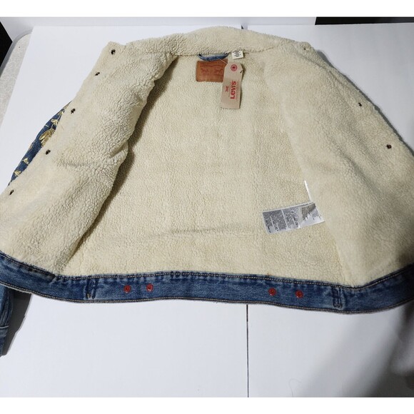 New Levi’s Women’s Embroidered Sherpa Wool Trucker Gold Flower Jacket Size SMALL - Picture 6 of 11
